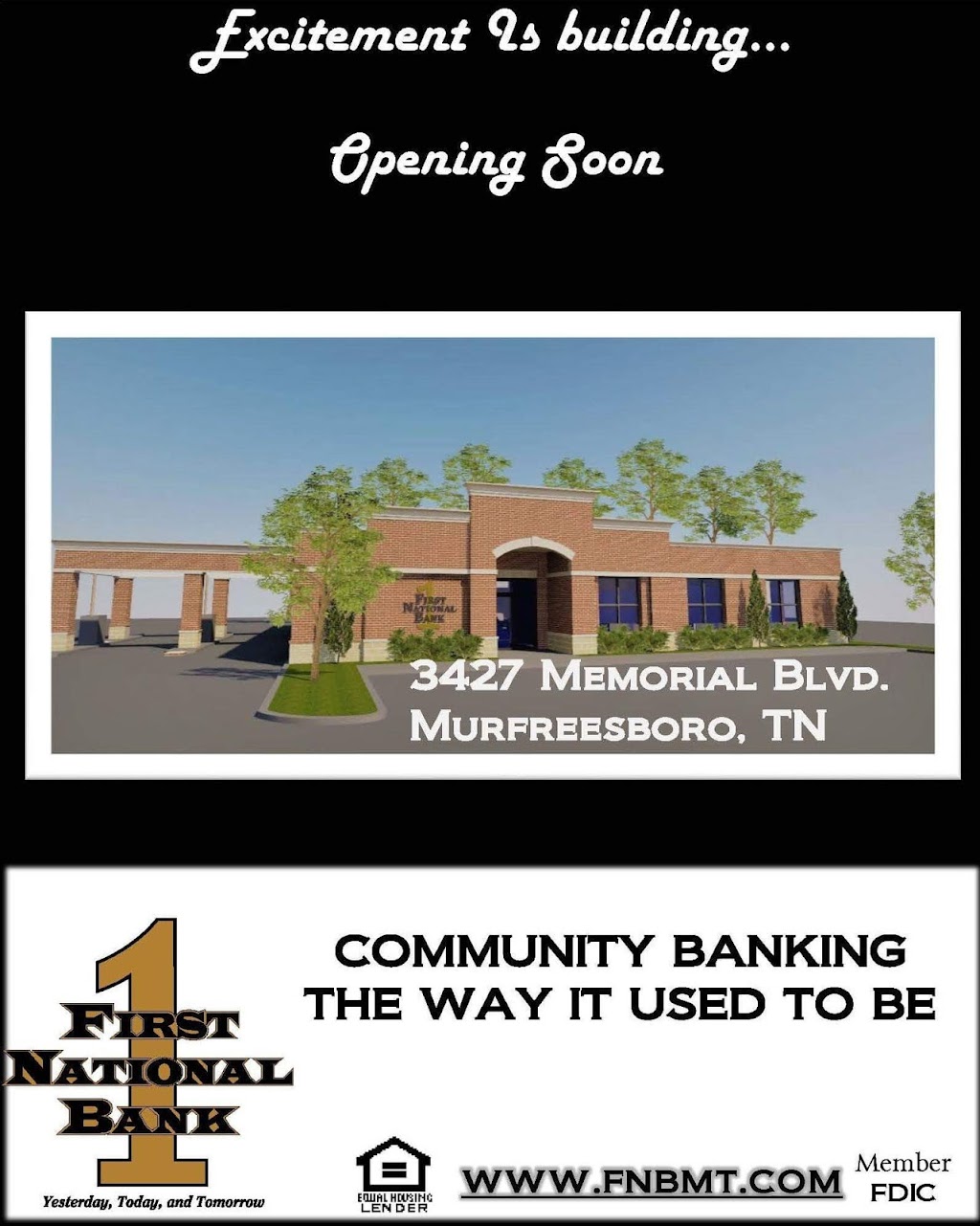 First National Bank of Middle Tennessee | 3427 Memorial Blvd, Murfreesboro, TN 37129, USA | Phone: (615) 956-0106