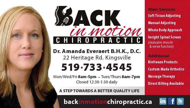 Back In Motion Chiropractic | 22 Heritage Rd, Kingsville, ON N9Y 2C6, Canada | Phone: (519) 733-4545