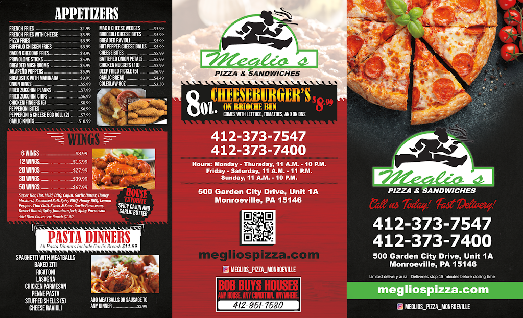 Meglios Pizza & Sandwiches | 500 Garden City Dr #1a, Monroeville, PA 15146, USA | Phone: (412) 373-7507