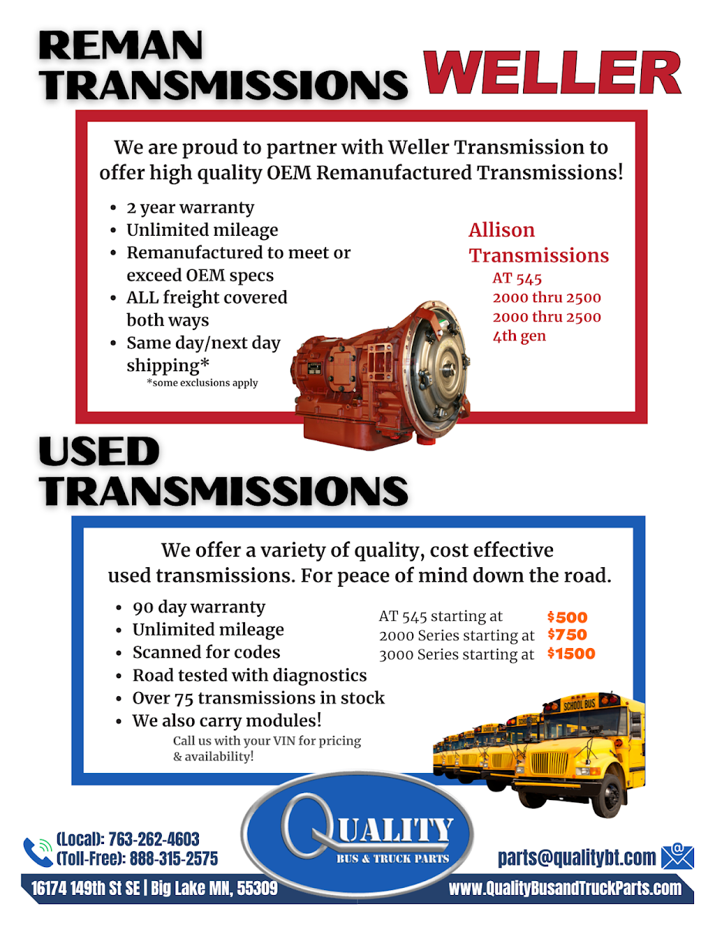 Quality Bus And Truck Parts | 16174 149th St SE, Big Lake, MN 55309, USA | Phone: (888) 315-2575