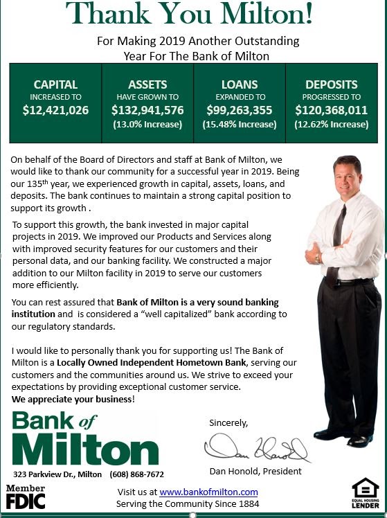 Bank of Milton | 323 Parkview Dr, Milton, WI 53563, USA | Phone: (608) 868-7672