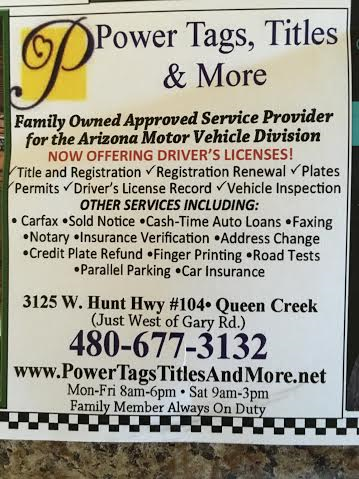 Power Tags Titles & More | 3125 W Hunt Hwy, San Tan Valley, AZ 85142, USA | Phone: (480) 677-3132