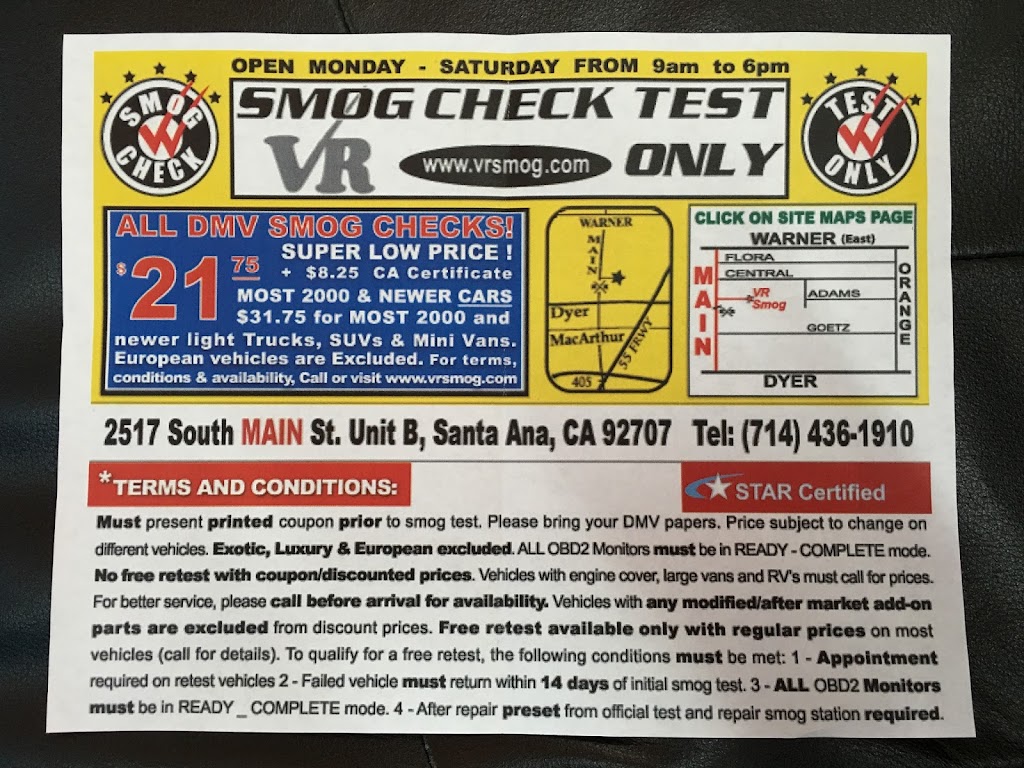 VR smog check test only | 2517 S Main St suite b, Santa Ana, CA 92707, USA | Phone: (714) 436-1910