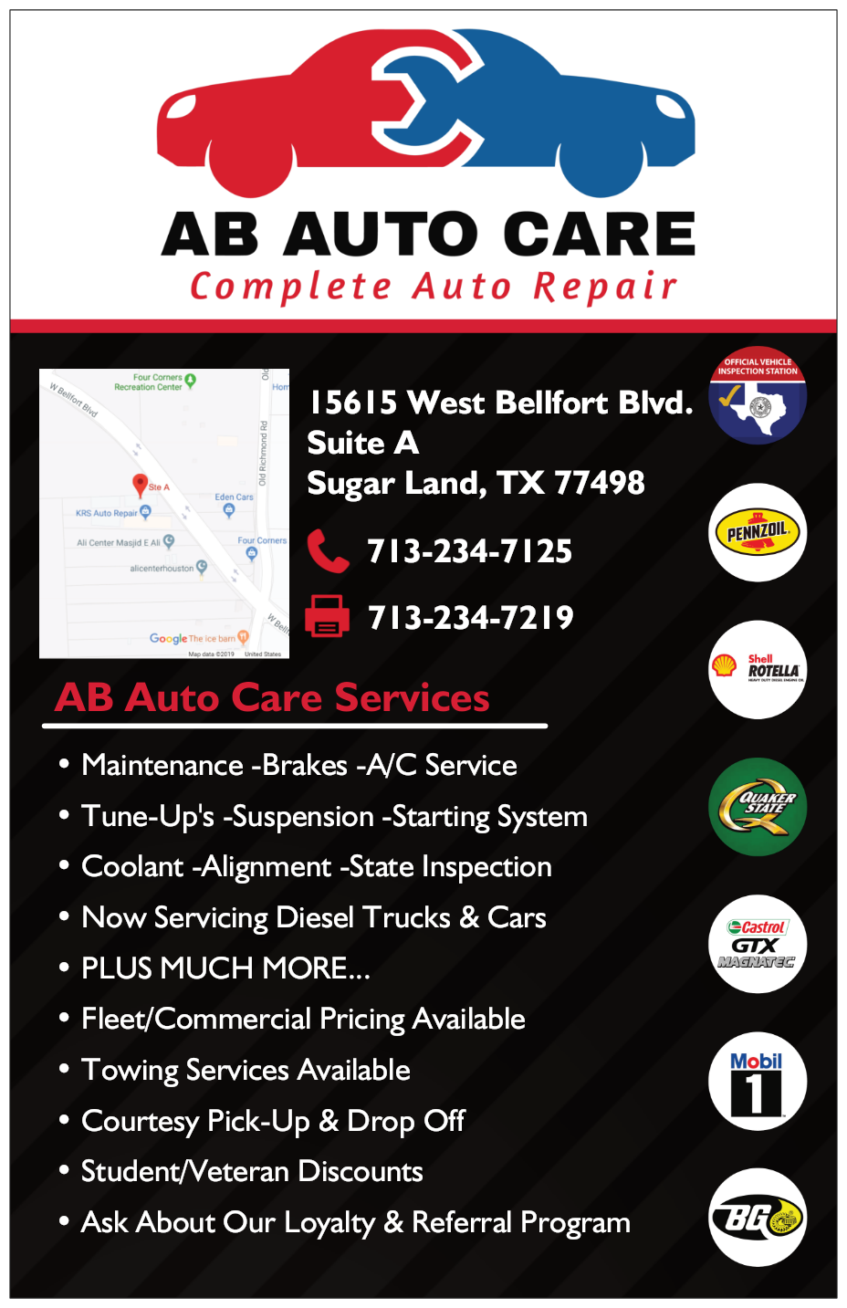 AB Auto Care | 15615 W Bellfort Blvd suite a, Sugar Land, TX 77498, USA | Phone: (713) 234-7125