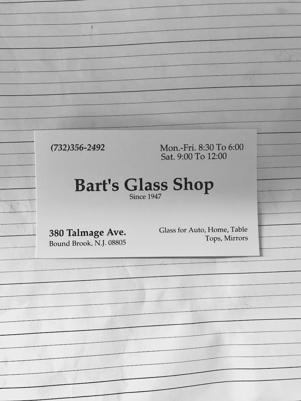 Barts Glass Shop | 380 Talmage Ave, Bound Brook, NJ 08805, USA | Phone: (732) 356-2492