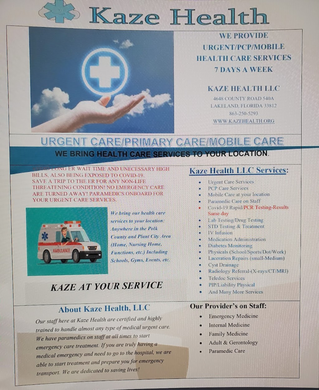 Kaze Health Urgent & Primary Care | 4648 Co Rd 540A, Lakeland, FL 33813, USA | Phone: (863) 250-5293