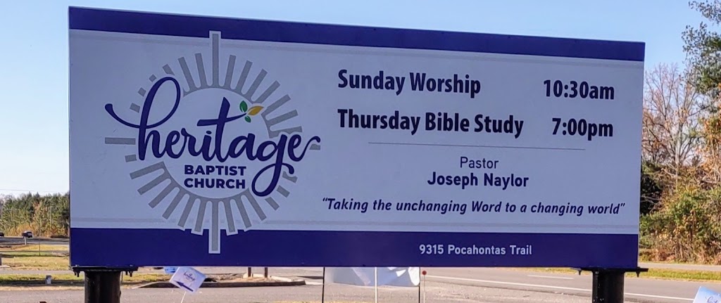 Heritage Baptist Church | 9315 Pocahontas Trail, Providence Forge, VA 23140 | Phone: (804) 968-8288