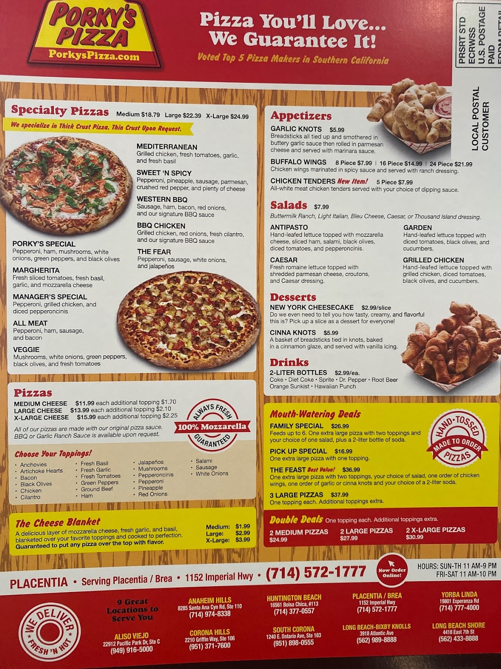 Porkys Pizza | 1152 E Imperial Hwy, Placentia, CA 92870, USA | Phone: (714) 572-1777