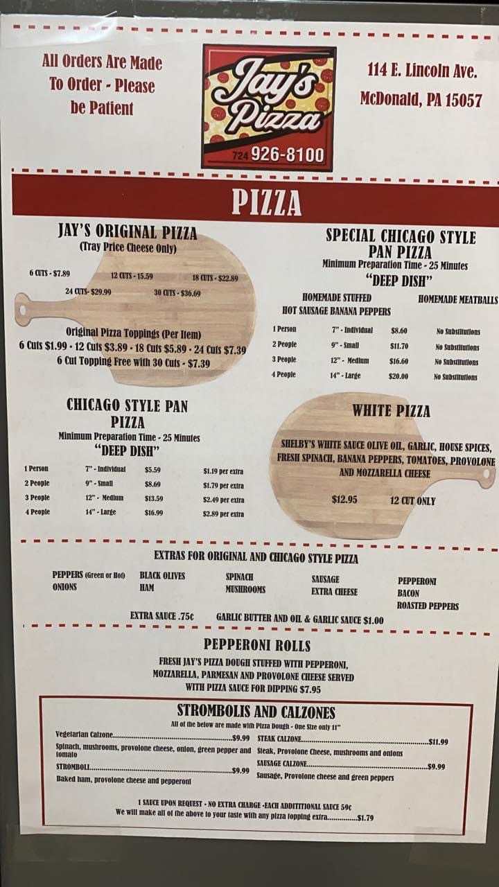 Jays Pizza Shop | 114 E Lincoln Ave, McDonald, PA 15057, USA | Phone: (724) 926-8100