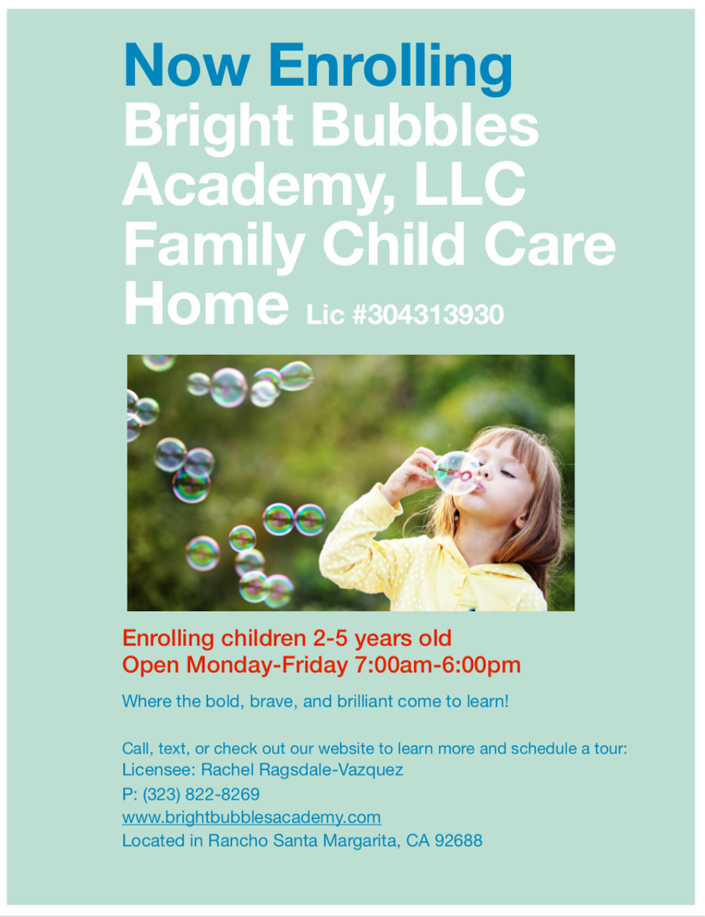 Bright Bubbles Academy LLC | 17 El Guiro, Rancho Santa Margarita, CA 92688, USA | Phone: (323) 822-8269