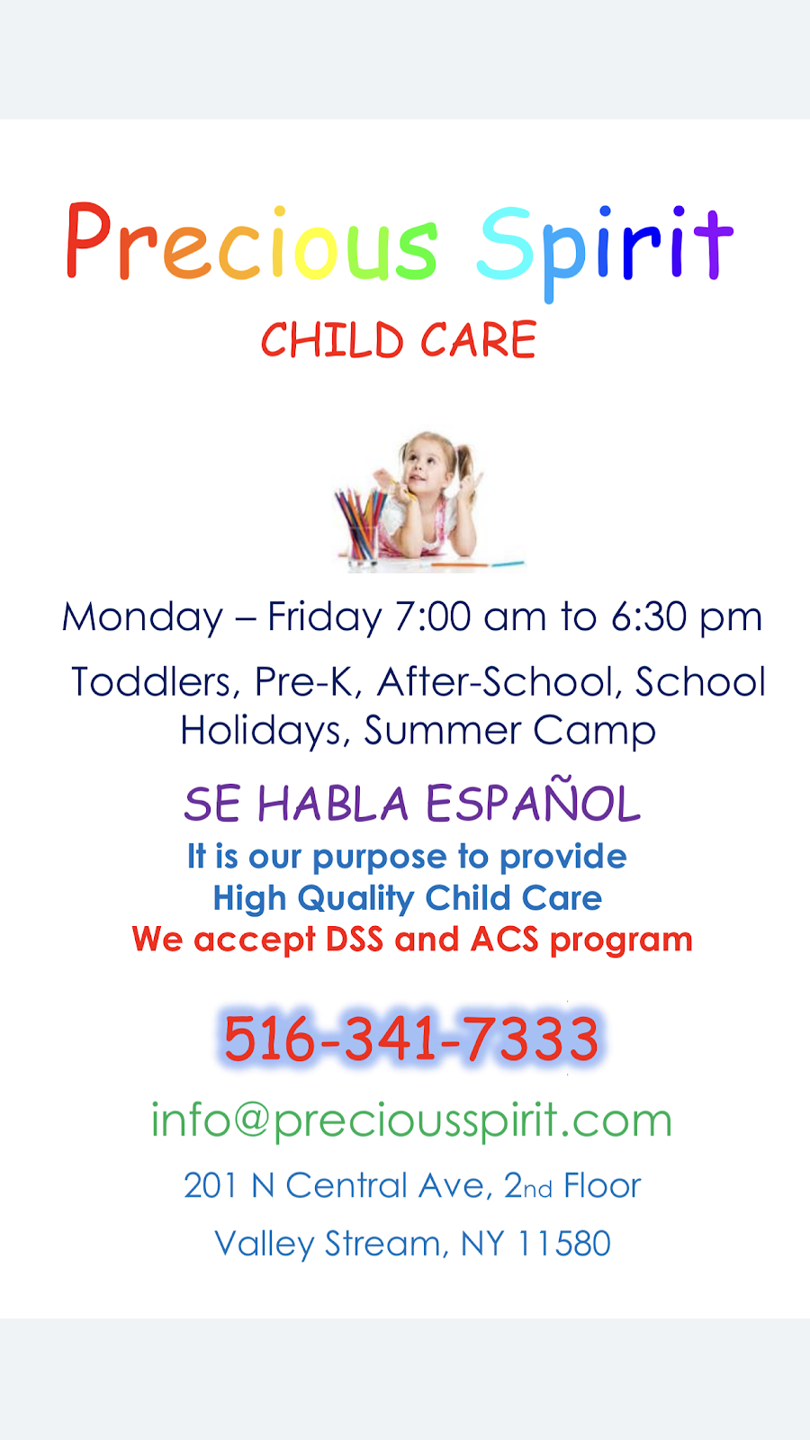 Precious Spirit Child Care & Preschool | 201 N Central Ave 2nd Flr, Valley Stream, NY 11580, USA | Phone: (516) 341-7333