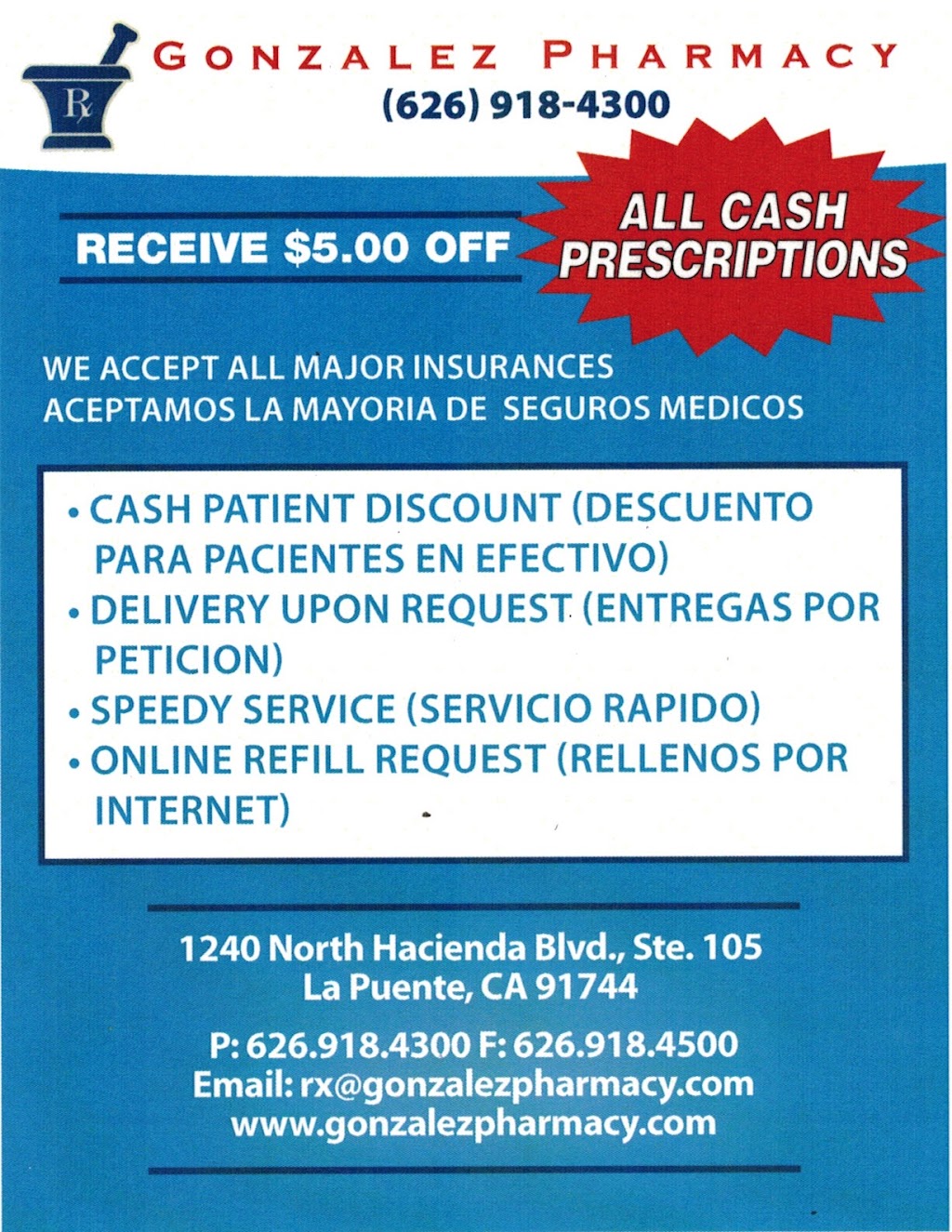 Gonzalez Pharmacy | 1240 N Hacienda Blvd #105, La Puente, CA 91744, USA | Phone: (626) 918-4300