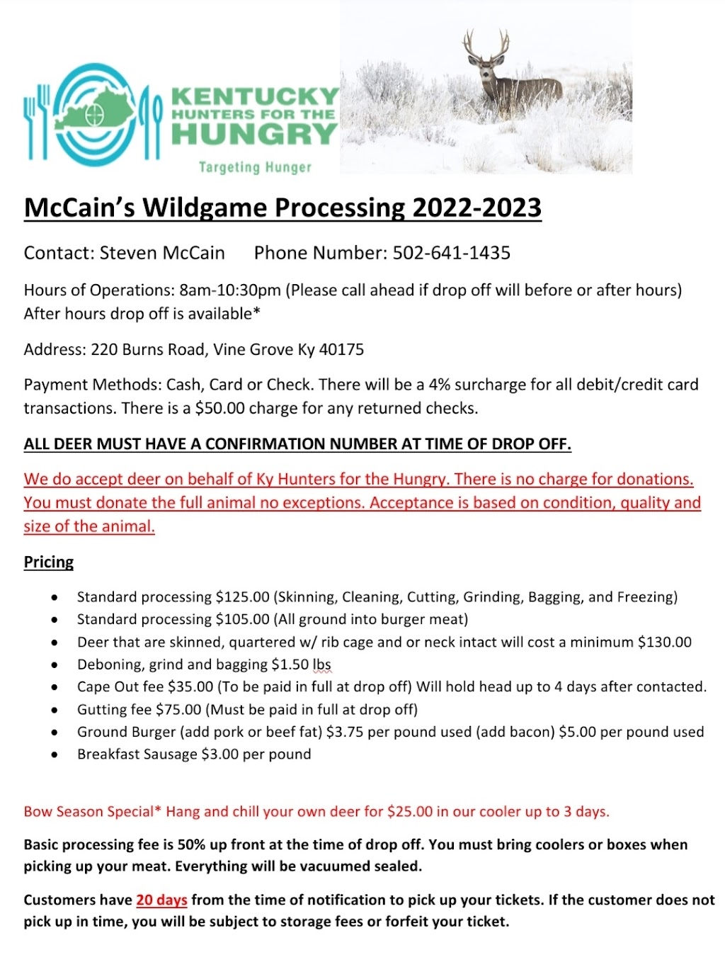 McCains Wild Game Processing | 220 Burns Rd, Vine Grove, KY 40175 | Phone: (502) 641-1435