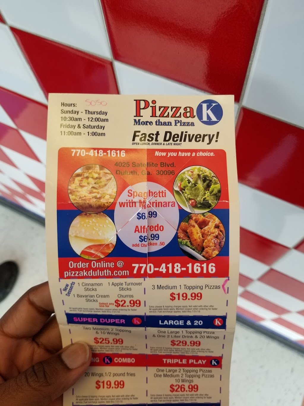 Pizza K | 4025 Satellite Blvd, Duluth, GA 30096 | Phone: (770) 418-1616