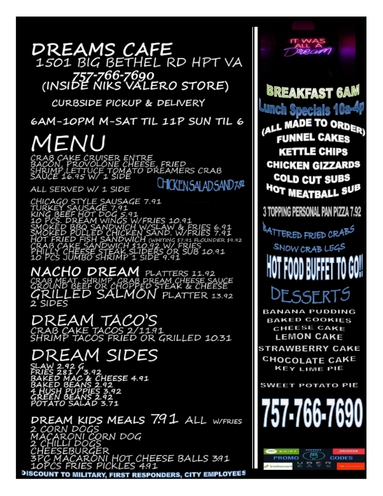 Dreams Cafe & Grill | 1501 Big Bethel Rd, Hampton, VA 23666, USA | Phone: (757) 766-7690