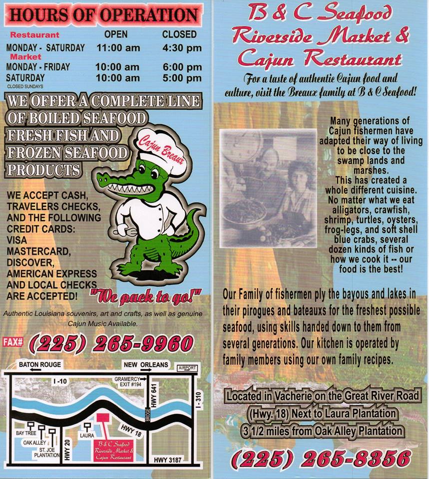 B&C Seafood Riverside & Cajun Restaurant | 2155 LA-18, Vacherie, LA 70090, USA | Phone: (225) 265-8356