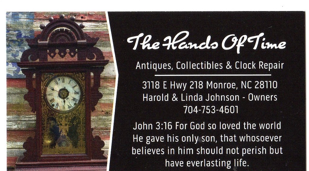 The Hands Of Time Antiques, Collectibles & Clock Repair | 3118 NC-218, Monroe, NC 28110 | Phone: (704) 753-4601