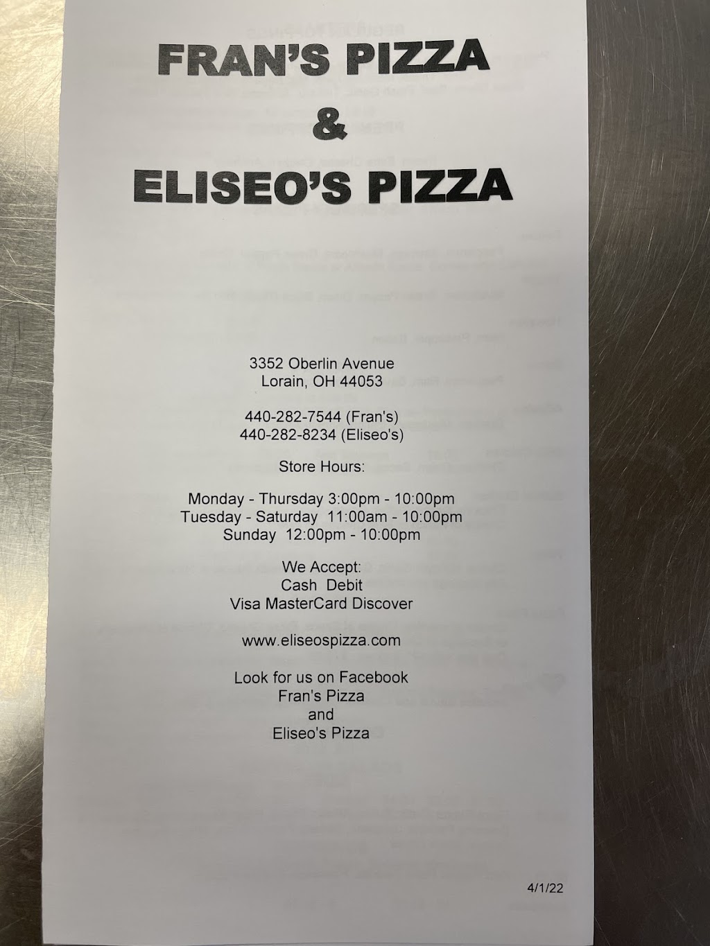 Eliseos Pizza | 3352 Oberlin Ave, Lorain, OH 44053, USA | Phone: (440) 282-8234