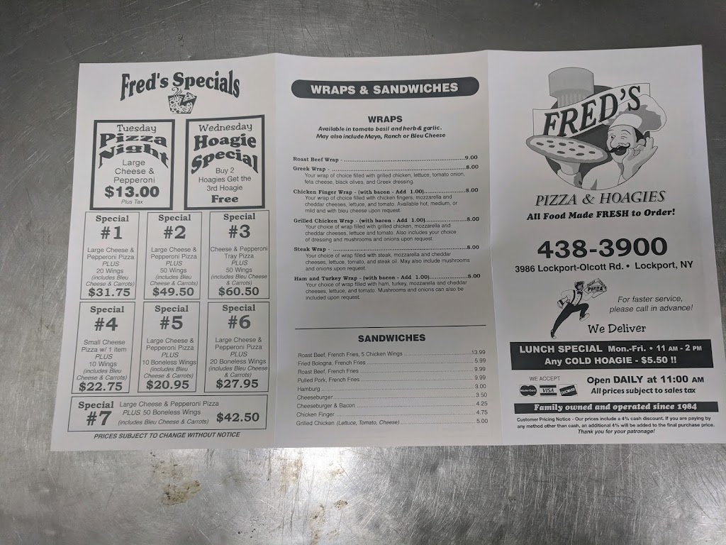 Freds Pizza Wrights Corners | 3986 Lockport Olcott Rd, Lockport, NY 14094, USA | Phone: (716) 438-3900