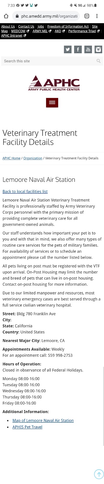 NAS Lemoore Veterinary Treatment Facility | Lemoore, CA 93245, USA | Phone: (559) 998-2757