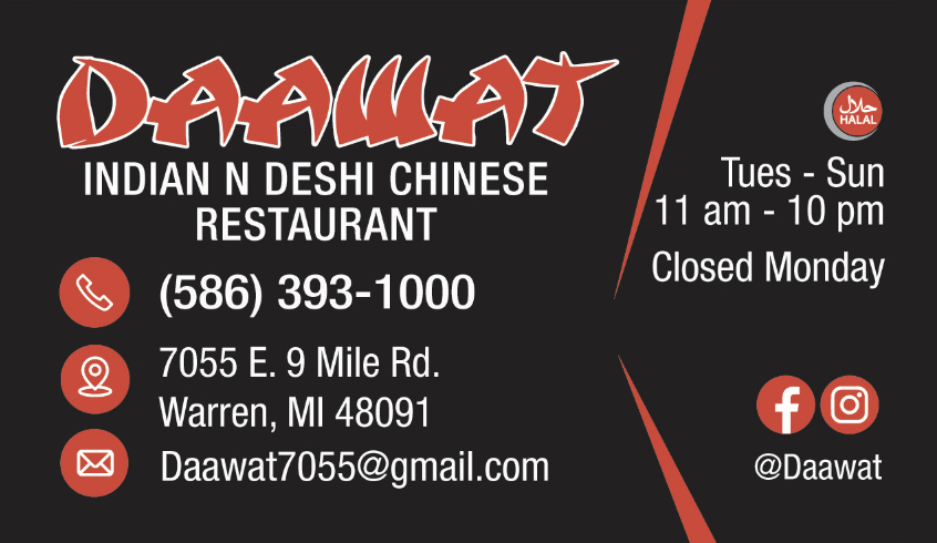 Daawat Indian Chinese | 7055 E 9 Mile Rd, Warren, MI 48091 | Phone: (586) 393-1000