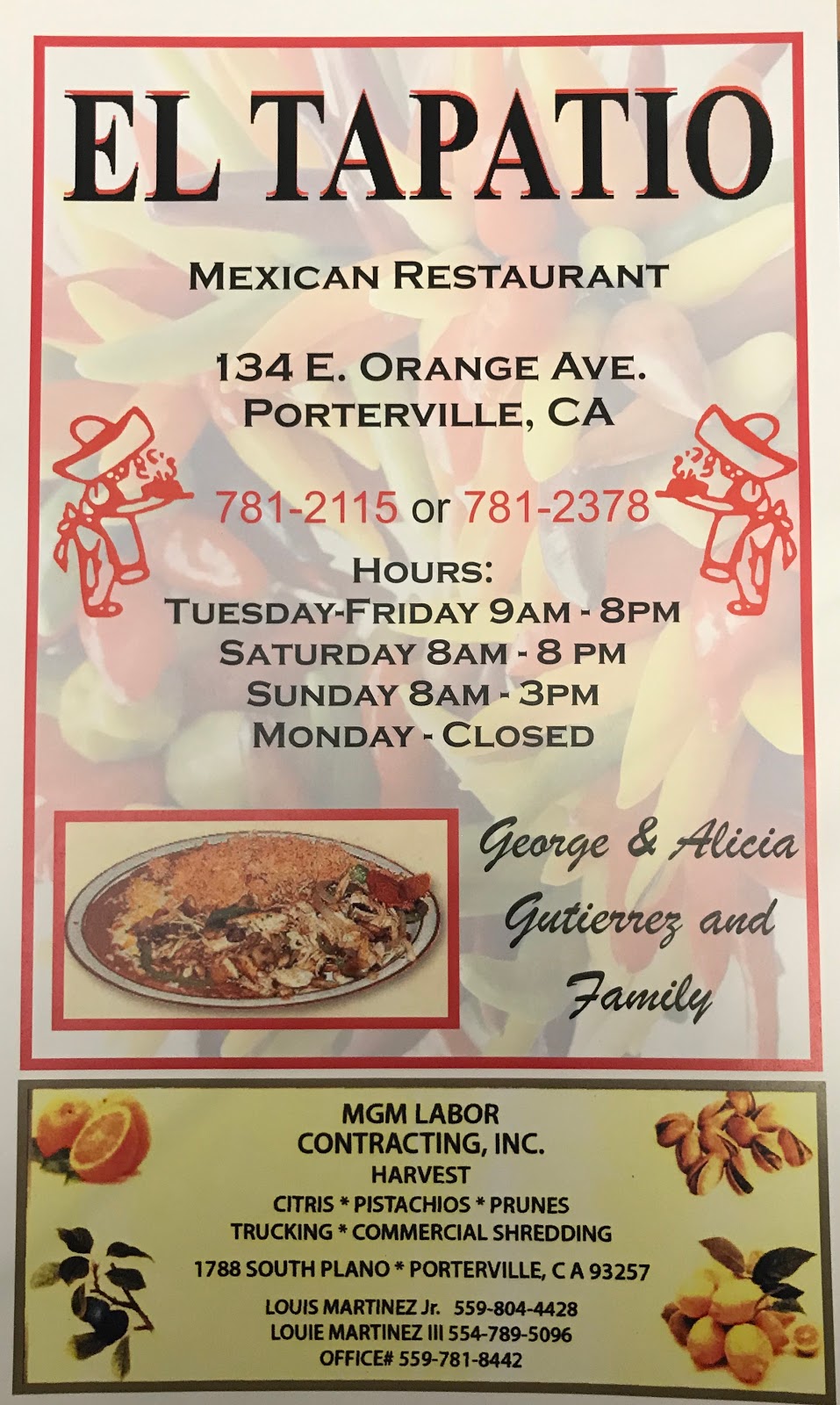 El Tapatio Restaurant | 134 E Orange Ave, Porterville, CA 93257, USA | Phone: (559) 781-2115