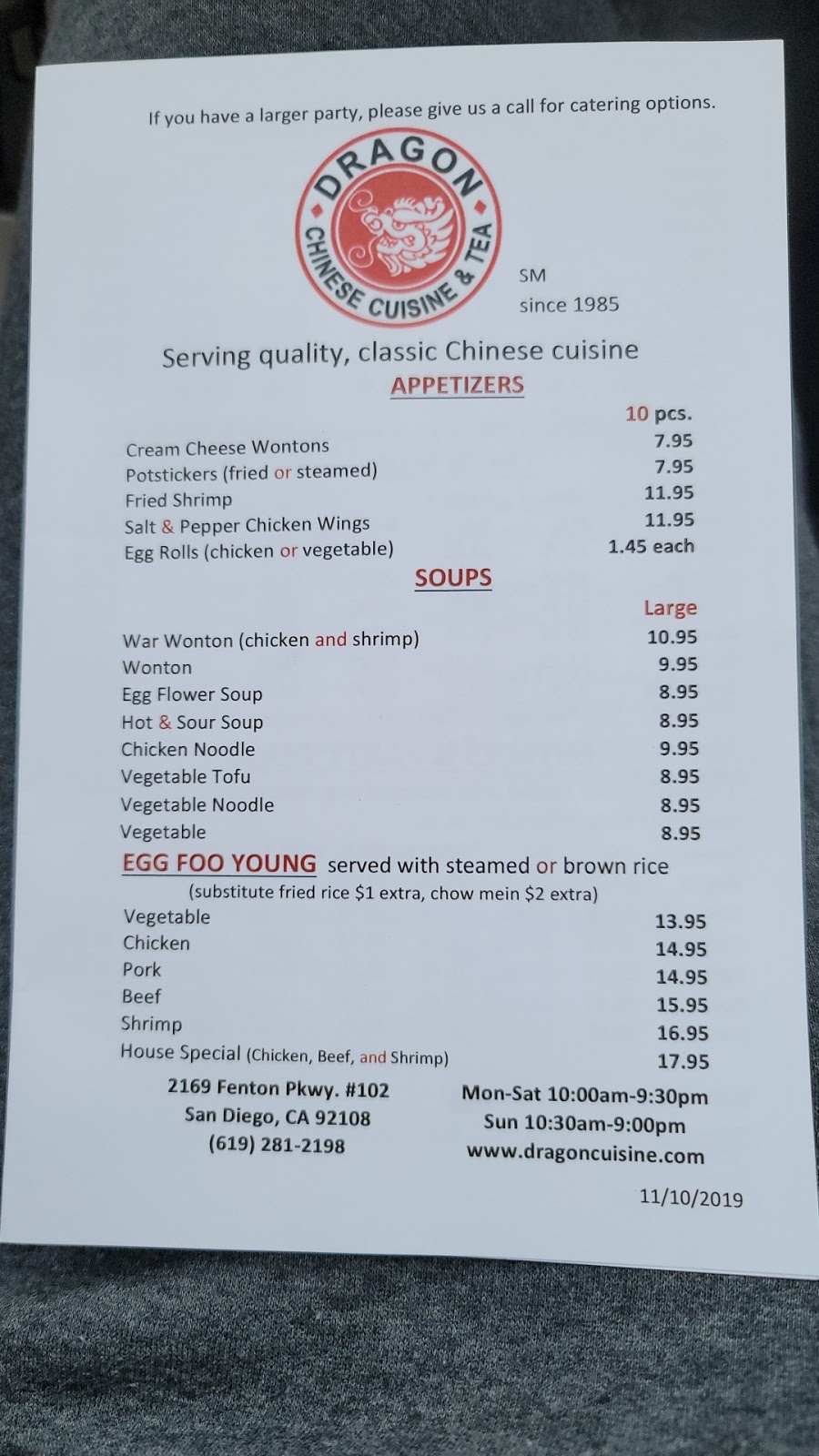 Dragon Chinese Cuisine | 2169 Fenton Pkwy UNIT 102, San Diego, CA 92108, USA | Phone: (619) 281-2198