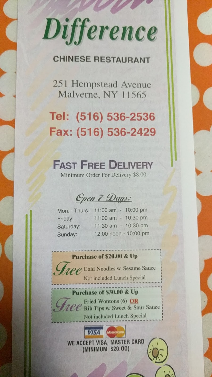 Difference Chinese Restaurant | 251 Hempstead Ave, Malverne, NY 11565, USA | Phone: (516) 536-2536