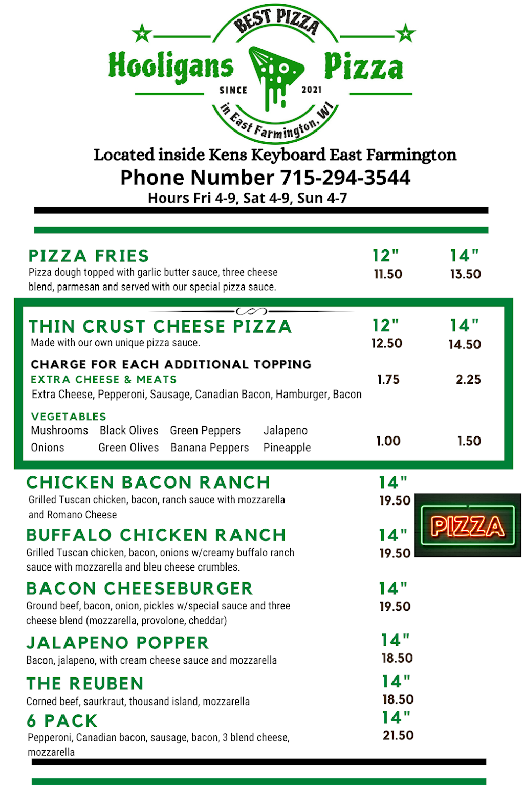Hooligans Pizza | Inside Kens Keyboard 301, WI-35, Osceola, WI 54020 | Phone: (715) 294-3544