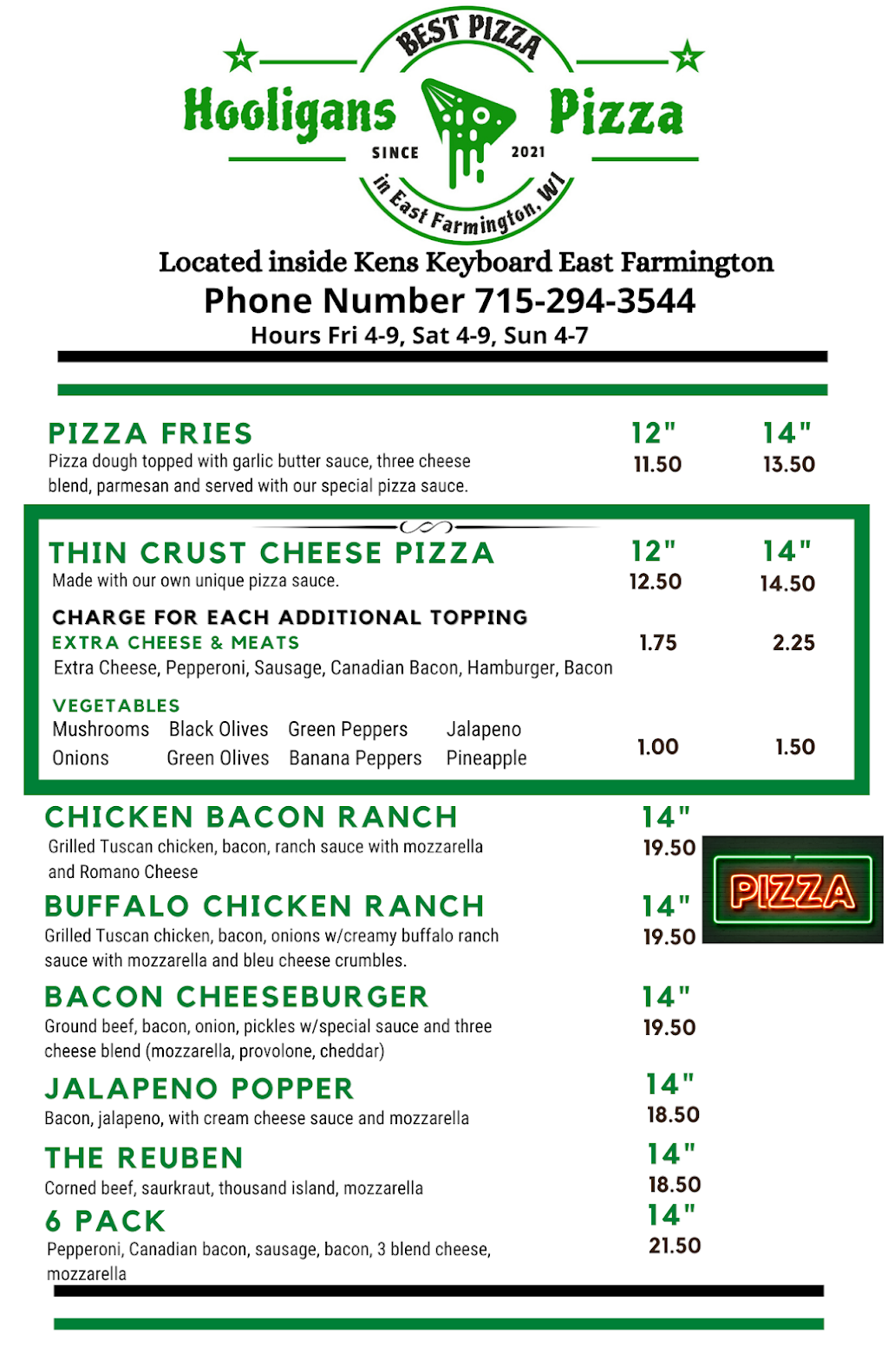 Hooligans Pizza | Inside Kens Keyboard 301, WI-35, Osceola, WI 54020, USA | Phone: (715) 294-3544