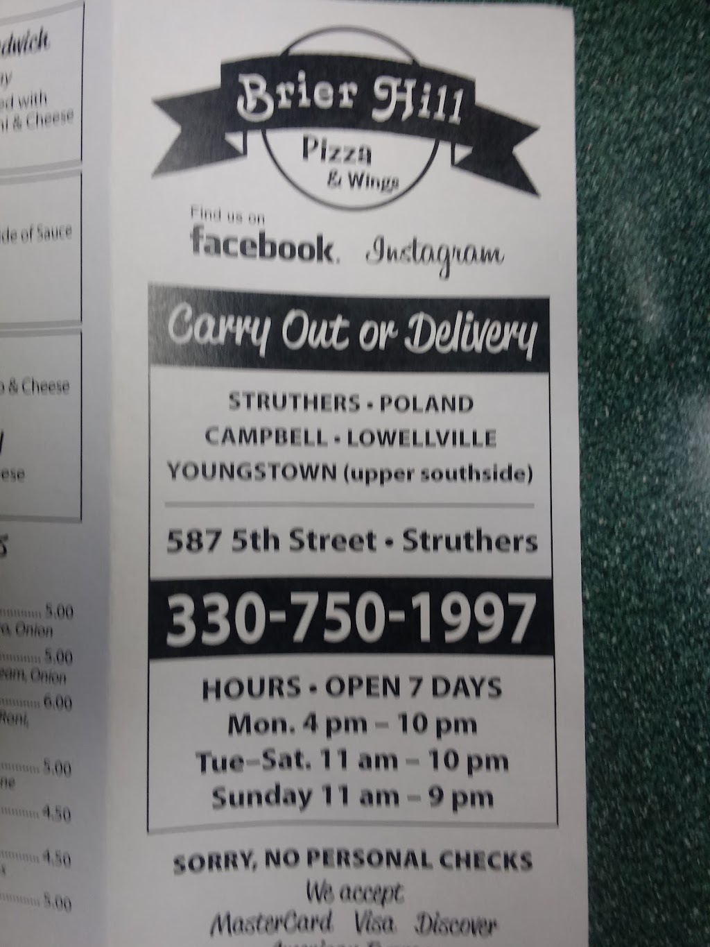 Brier Hill Pizza & Wings | 161 Lowellville Rd, Struthers, OH 44471, USA | Phone: (330) 750-1997