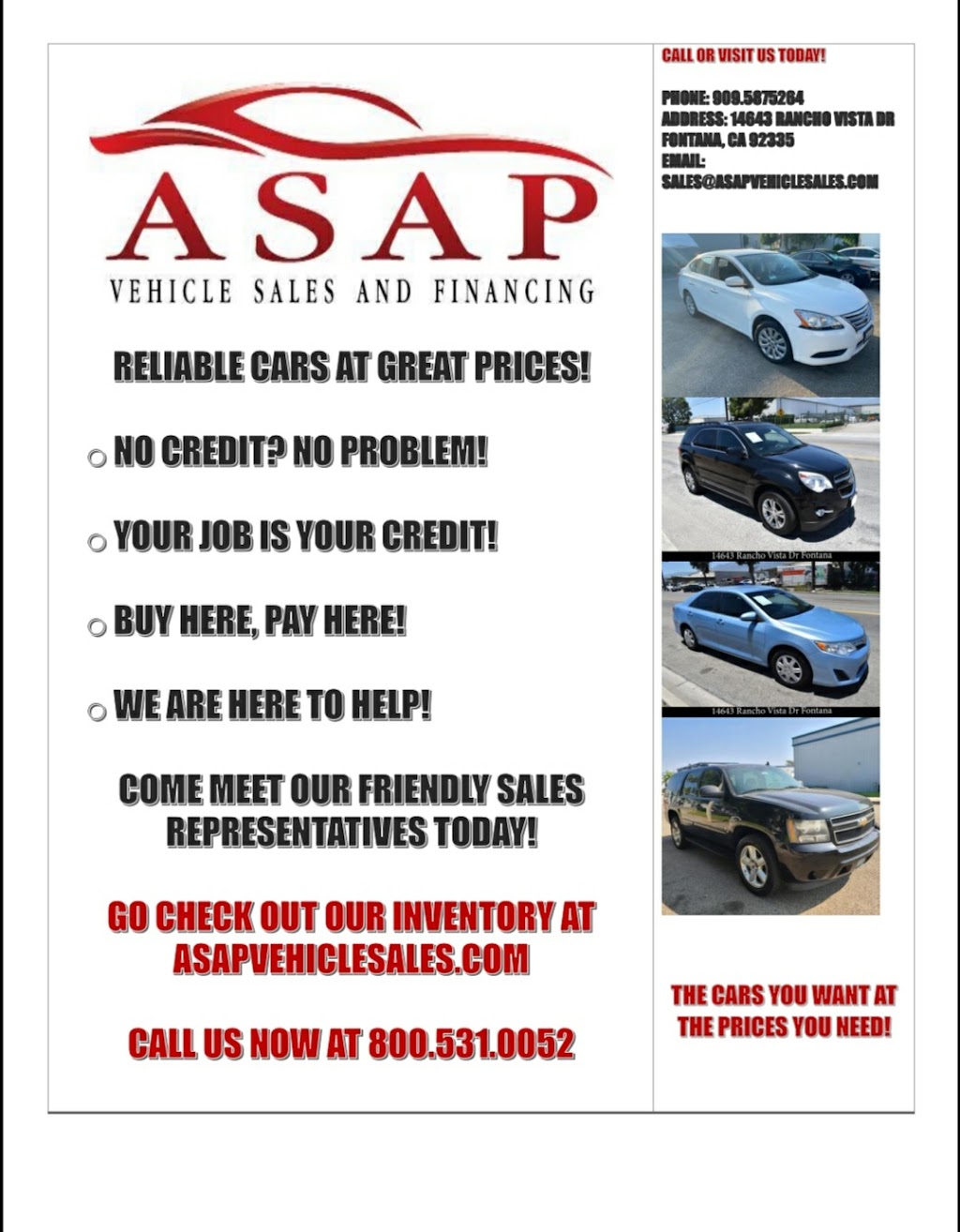 ASAP Vehicle Sales and Financing | 14643 Rancho Vista Dr, Fontana, CA 92335 | Phone: (800) 531-0052