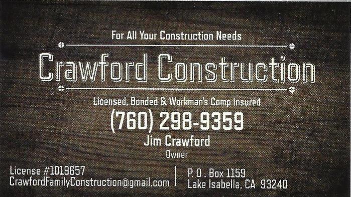 Crawford Construction | P O Box 1159, Lake Isabella, CA 93240, USA | Phone: (760) 298-9359