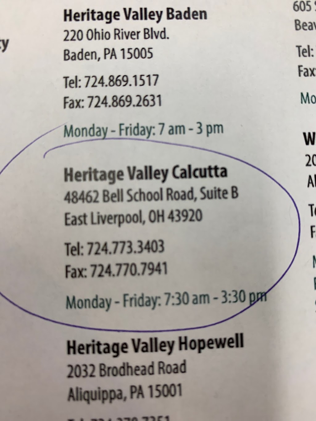 Heritage Valley Calcutta Imaging & Lab | 48462 Bell School Rd # B, East Liverpool, OH 43920, USA | Phone: (724) 773-3403