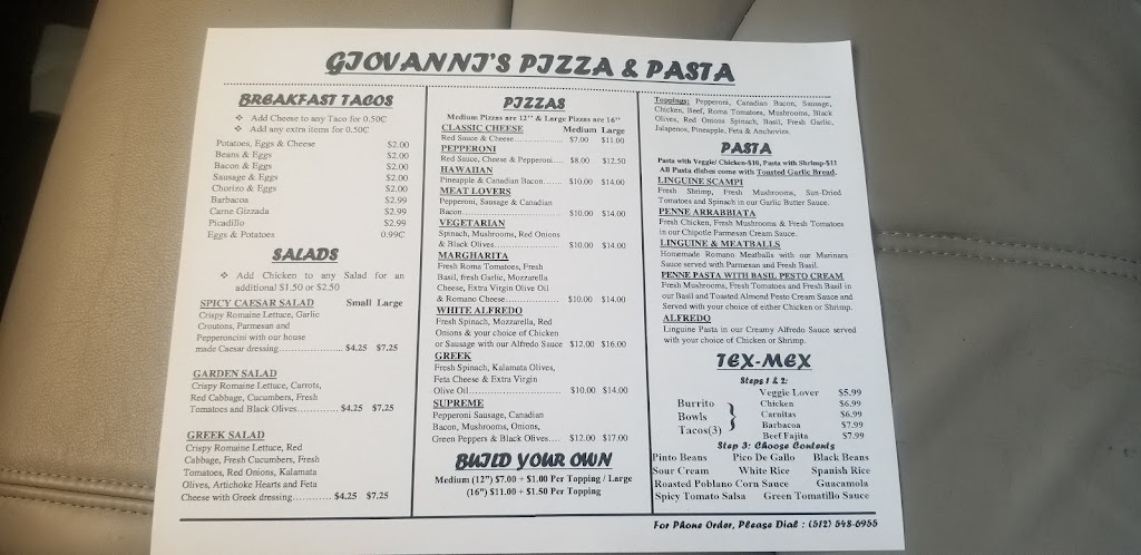 Giovanni’s Pizza & Pasta | 2036 Hwy 183 N, #100, Leander, TX 78641, USA | Phone: (512) 548-6955