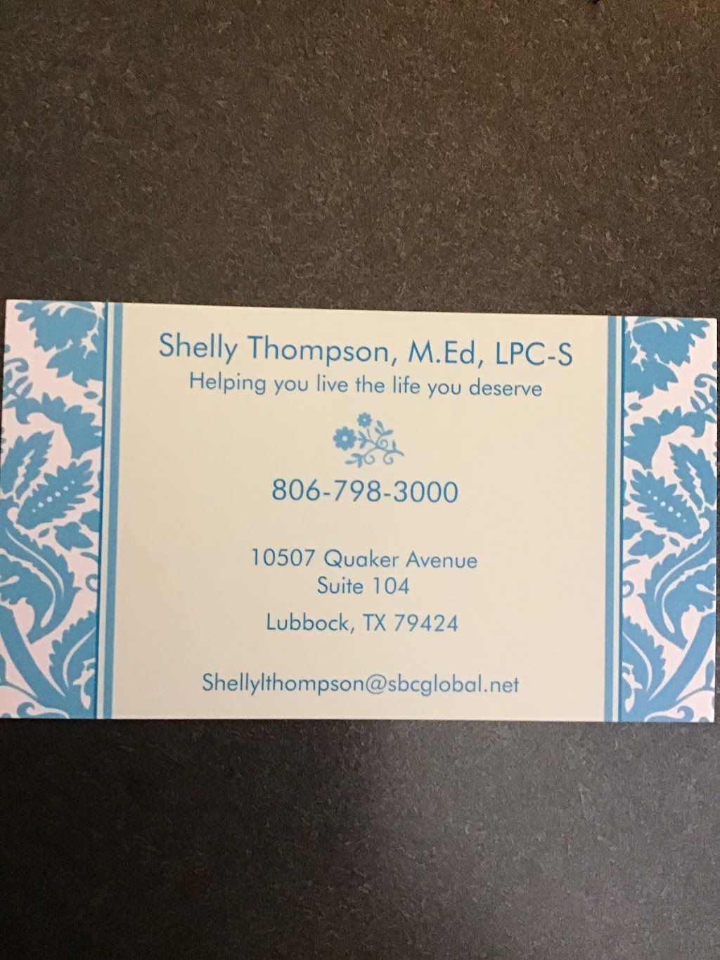 Shelly Thompson, M.Ed, LPC-S, CFRC | 7021 Kewanee Avenue Unit 3102, Lubbock, TX 79424, USA | Phone: (806) 798-3000