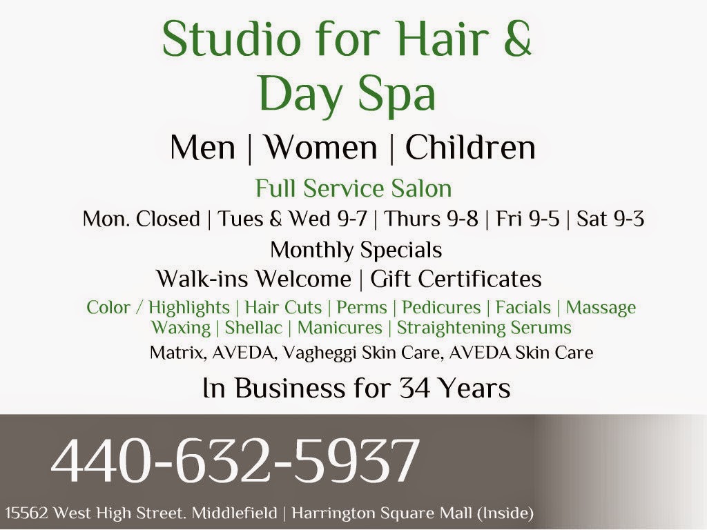 Studio For Hair & Day Spa | 9455, 15561 W High St # 16, Middlefield, OH 44062, USA | Phone: (440) 632-5937