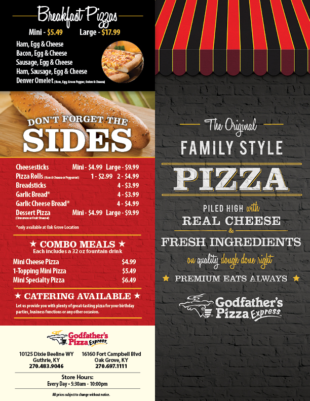 Godfathers Pizza Express | 10125 Dixie Beeline Hwy, Guthrie, KY 42234, USA | Phone: (270) 483-9046
