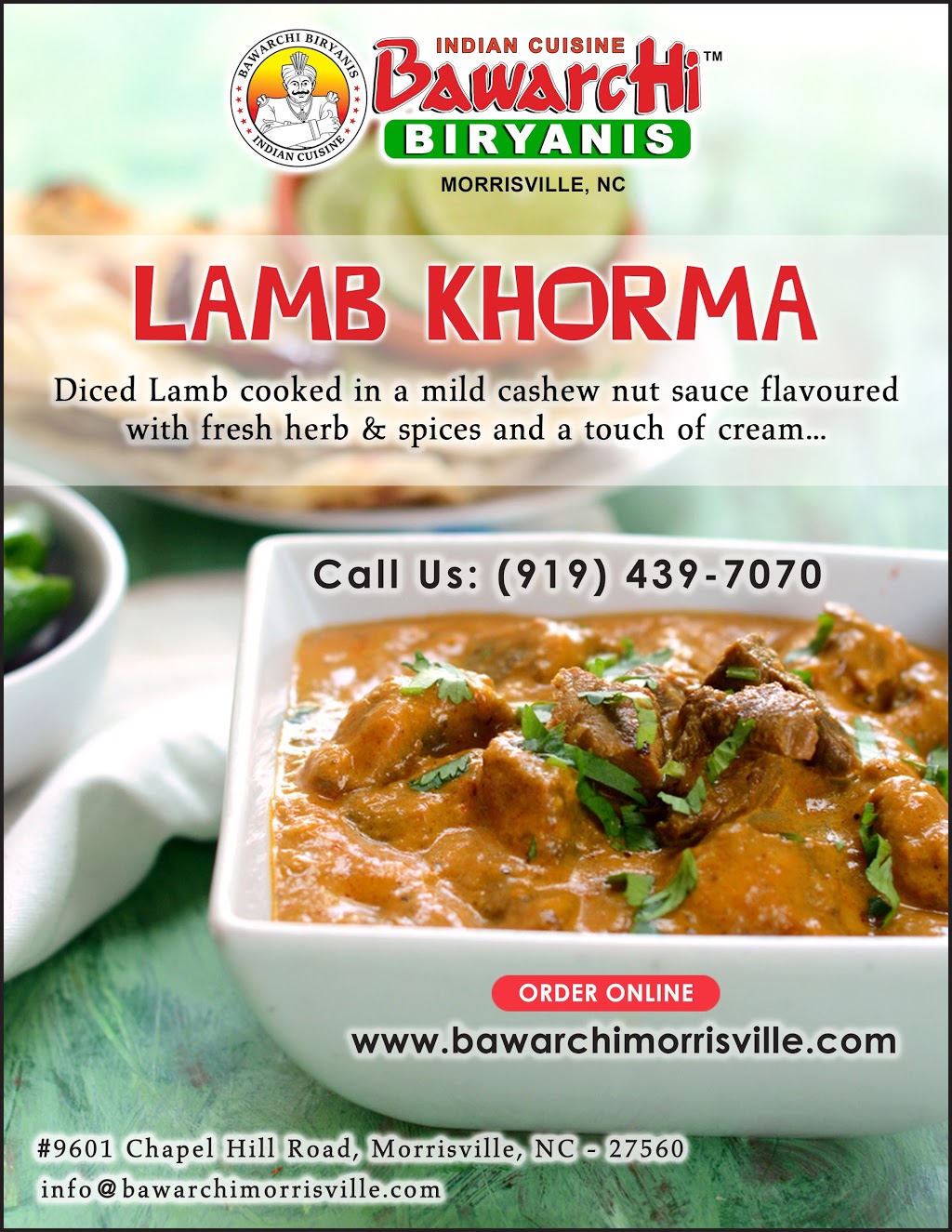 Bawarchi Indian Restaurant | 9601 Chapel Hill Rd, Morrisville, NC 27560, USA | Phone: (919) 439-7070