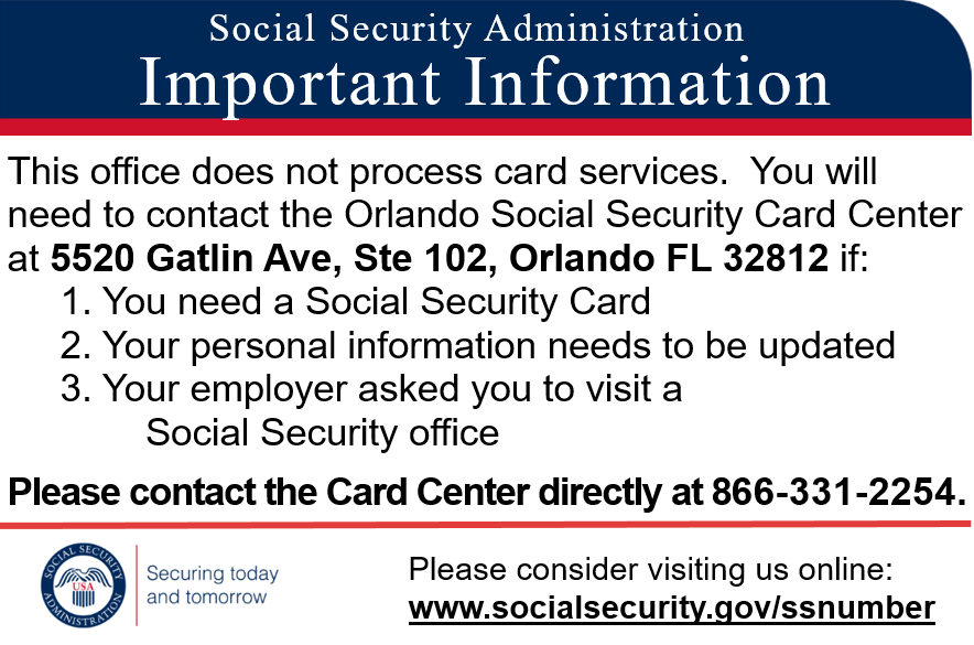 US Social Security Administration - Phone Service Only | 5520 Gatlin Ave #101, Orlando, FL 32812, USA | Phone: (866) 964-6146