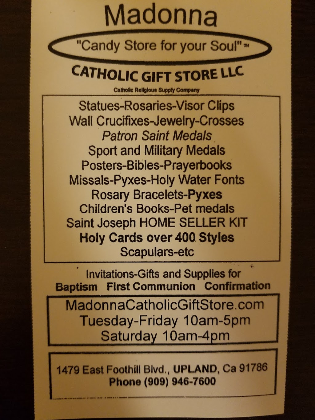 Madonna Catholic Gift Shop | 1479 Foothill Blvd, Upland, CA 91786, USA | Phone: (909) 946-0079