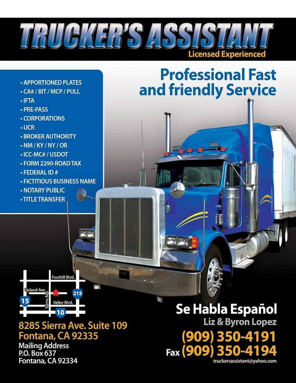 Truckers Assistant Inc | 8285 Sierra Ave. #109, Fontana, CA 92335, USA | Phone: (909) 350-4191