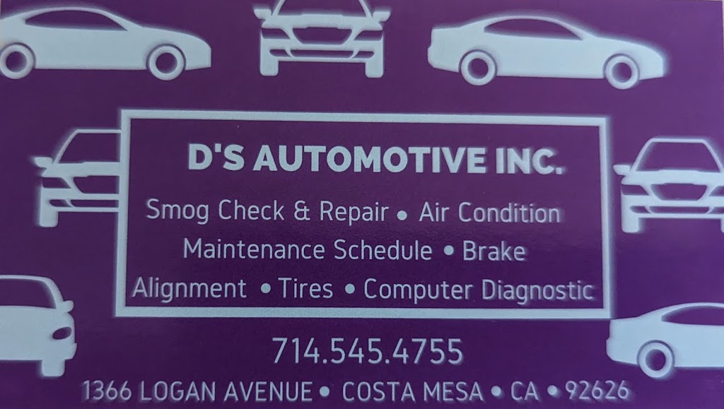 DS AUTOMOTIVE INC | 1366 Logan moAve unit i, Costa Mesa, CA 92626, USA | Phone: (714) 545-4755