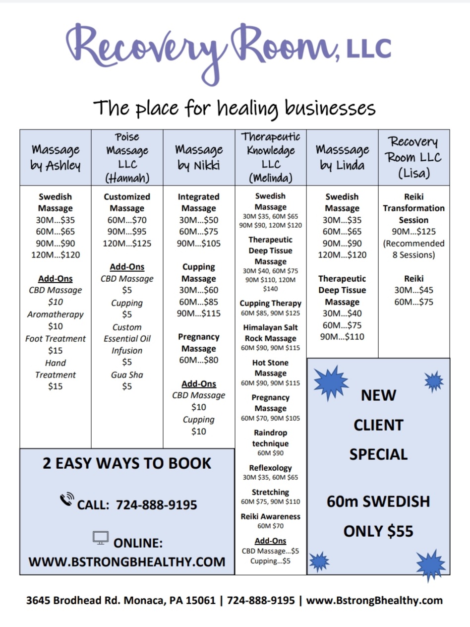 Health Cove/Recovery Room | 3645 Brodhead Rd, Monaca, PA 15061, USA | Phone: (724) 888-9195