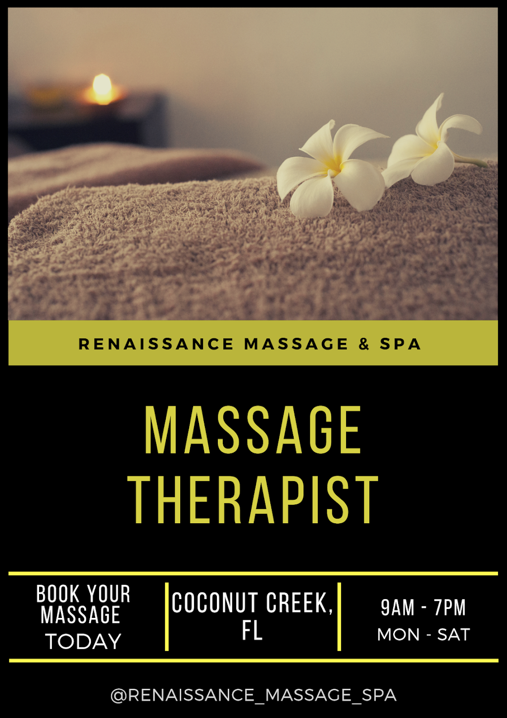 Renaissance Massage and Spa | 5450 W Hillsboro Blvd suite 3, Coconut Creek, FL 33073, USA | Phone: (954) 918-1717