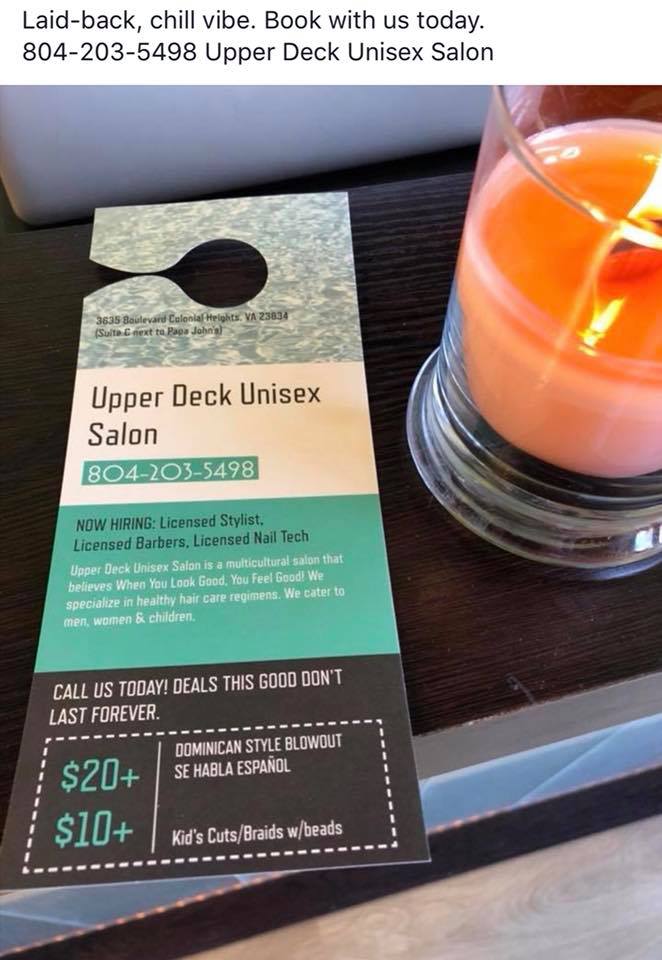 Upper Deck Unisex Salon | 3635 Boulevard suite c, Colonial Heights, VA 23834, USA | Phone: (804) 203-5498