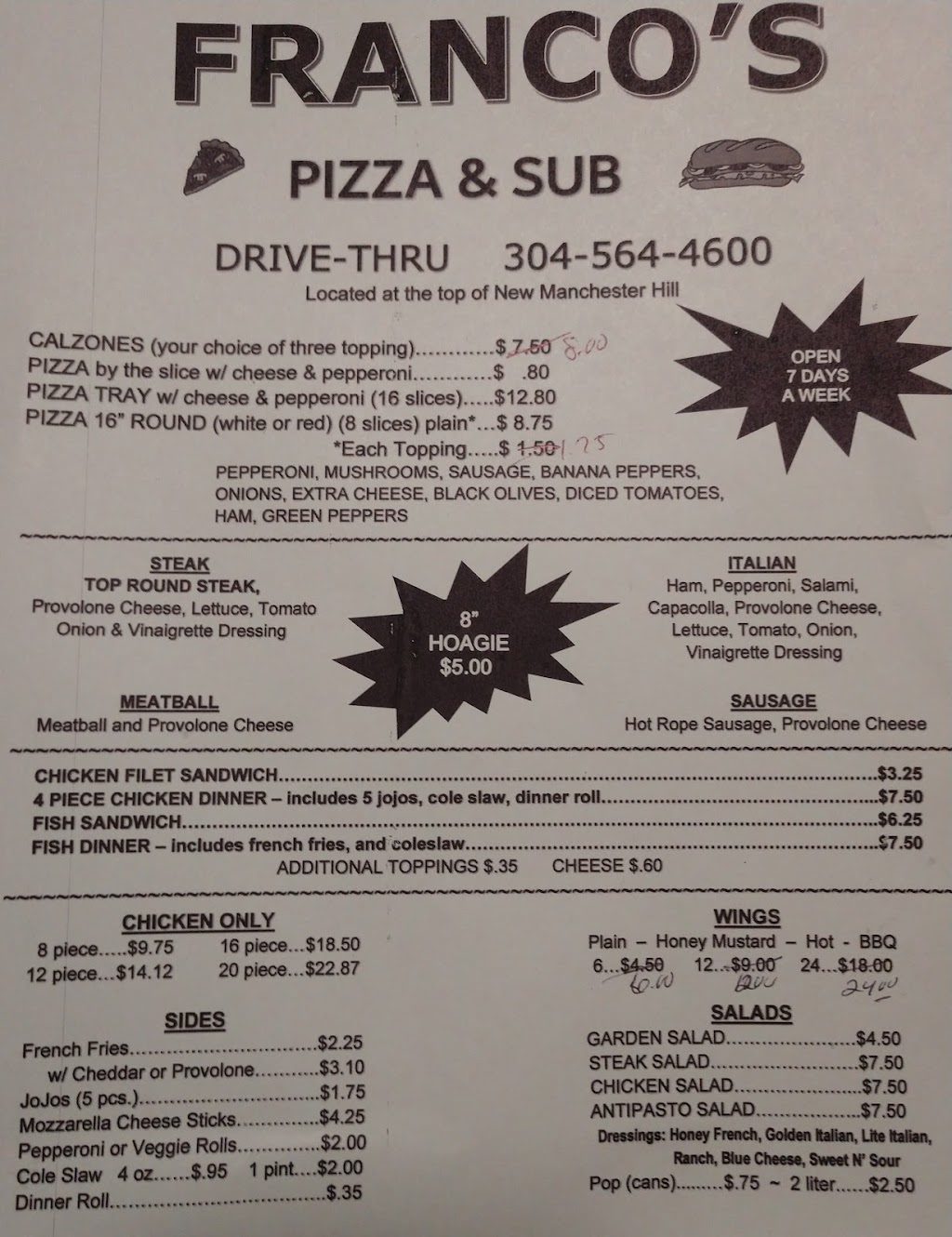 Francos Pizza & Subs | 211 High St, New Manchester, WV 26056, USA | Phone: (304) 564-4600