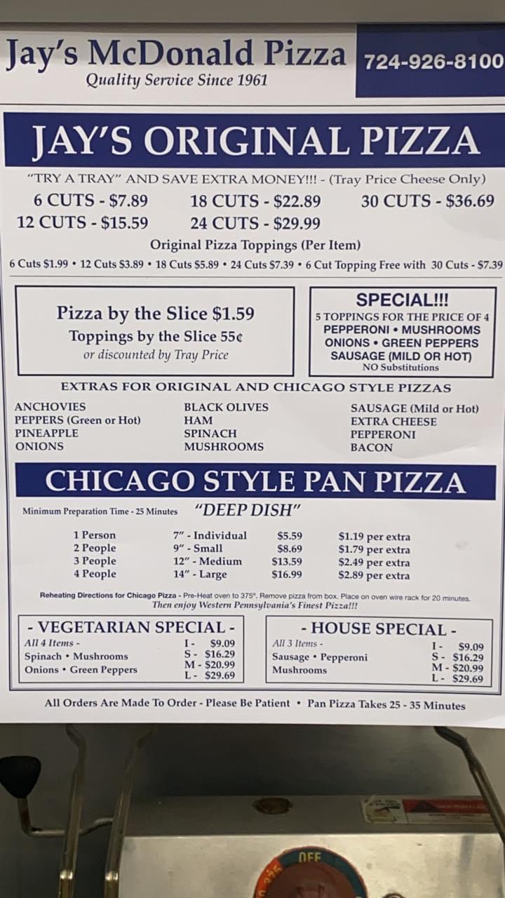 Jays Pizza Shop | 114 E Lincoln Ave, McDonald, PA 15057, USA | Phone: (724) 926-8100