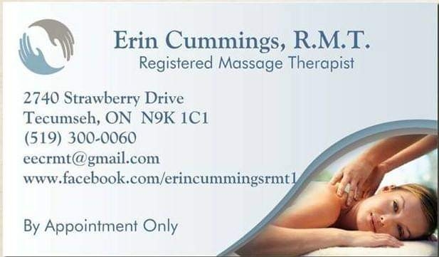 Erin Cummings, Registered Massage Therapist. eecrmt@gmail.com | 2740 Strawberry Dr, Windsor, ON N9K 1C1, Canada | Phone: (519) 300-0060