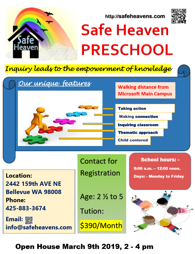 Safe Heaven Preschool | 2442 159th Ave NE, Bellevue, WA 98008, USA | Phone: (425) 883-3674